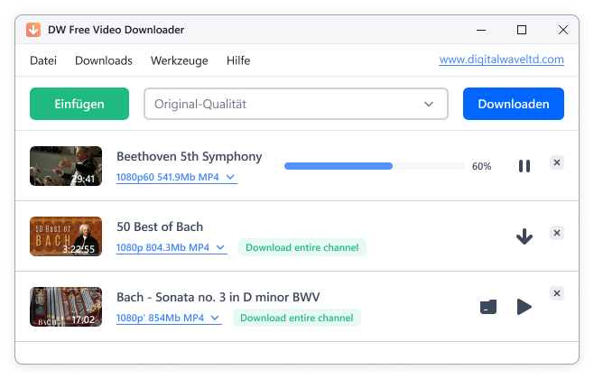 DW Free Video Downloader Oberfläche zum Herunterladen von YouTube Videos.