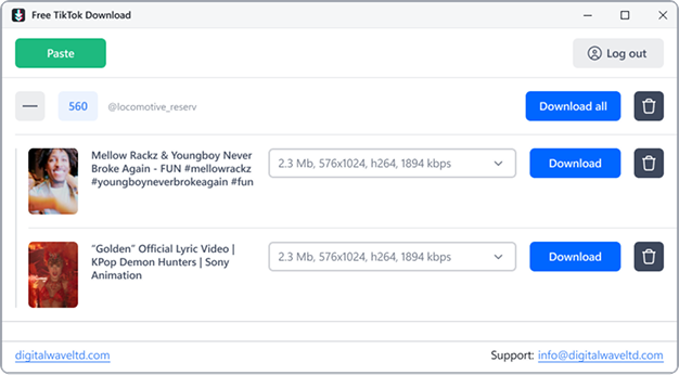 DW Free TikTok Downloader interface downloading TikTok videos.