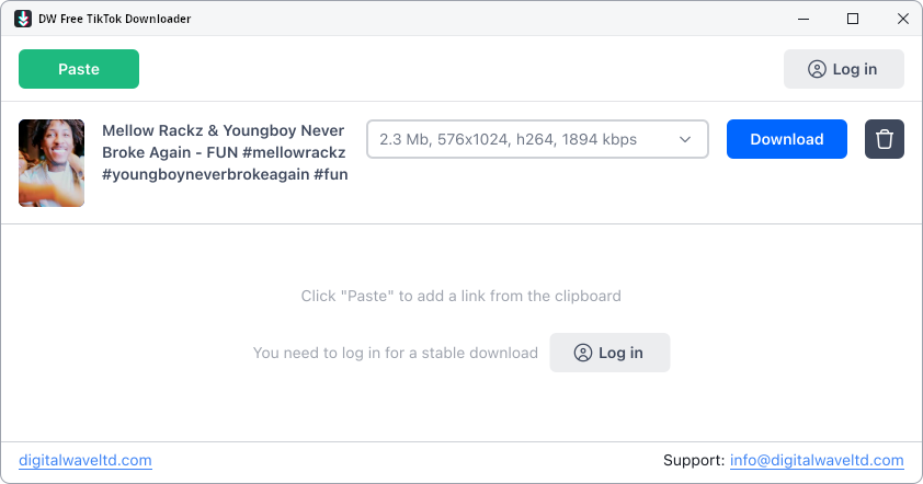DW Free TikTok Downloader interface downloading TikTok videos.