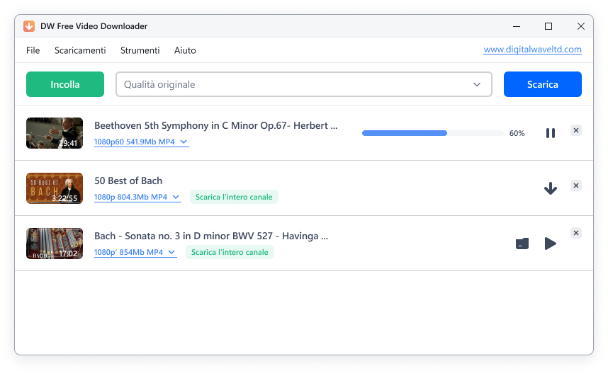 Interfaccia DW Free Video Downloader per scaricare video da YouTube.