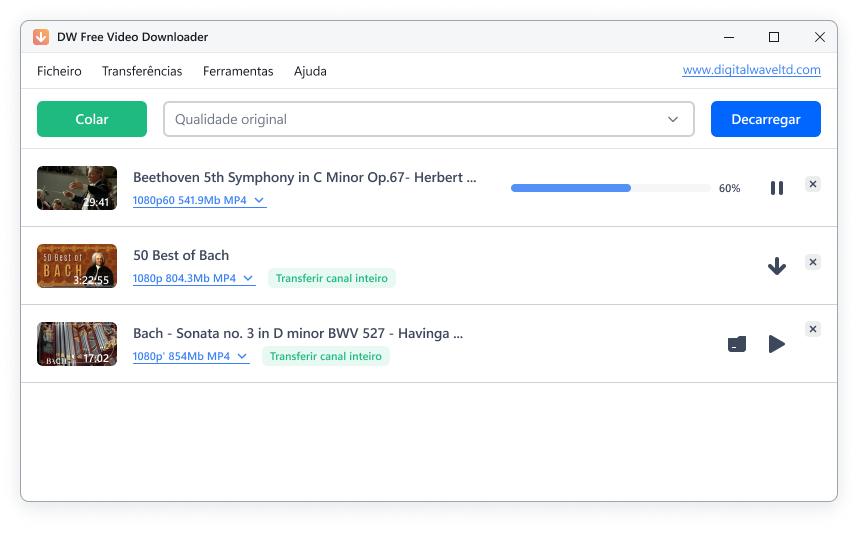 Interface do DW Free Video Downloader ao descarregar vídeos do YouTube.