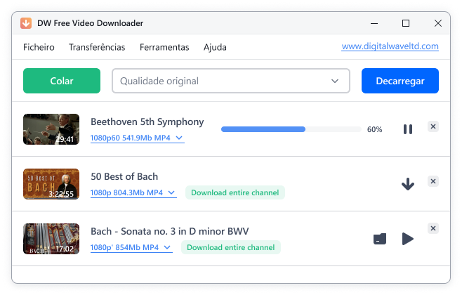 Interface do DW Free Video Downloader ao descarregar vídeos do YouTube.